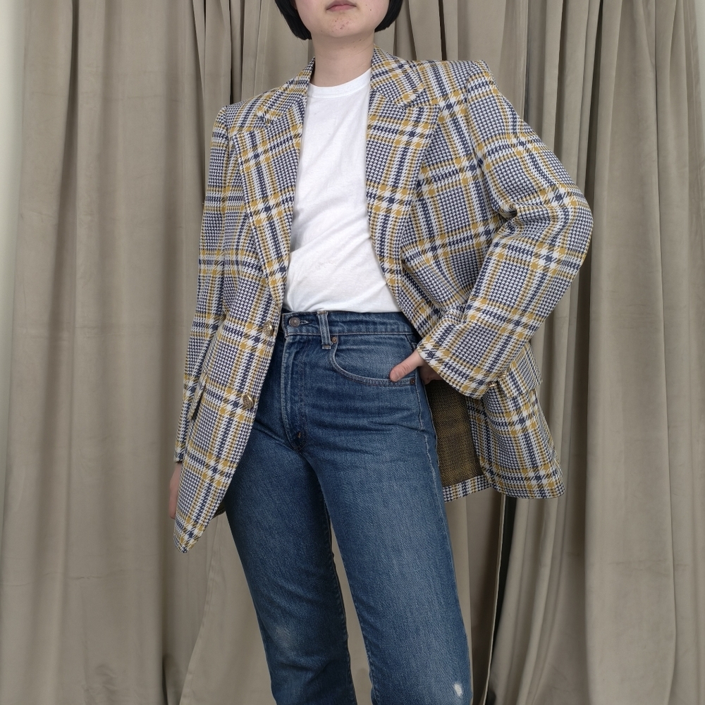 Vintage Blue and Yellow Plaid Boyfriend Blazer
